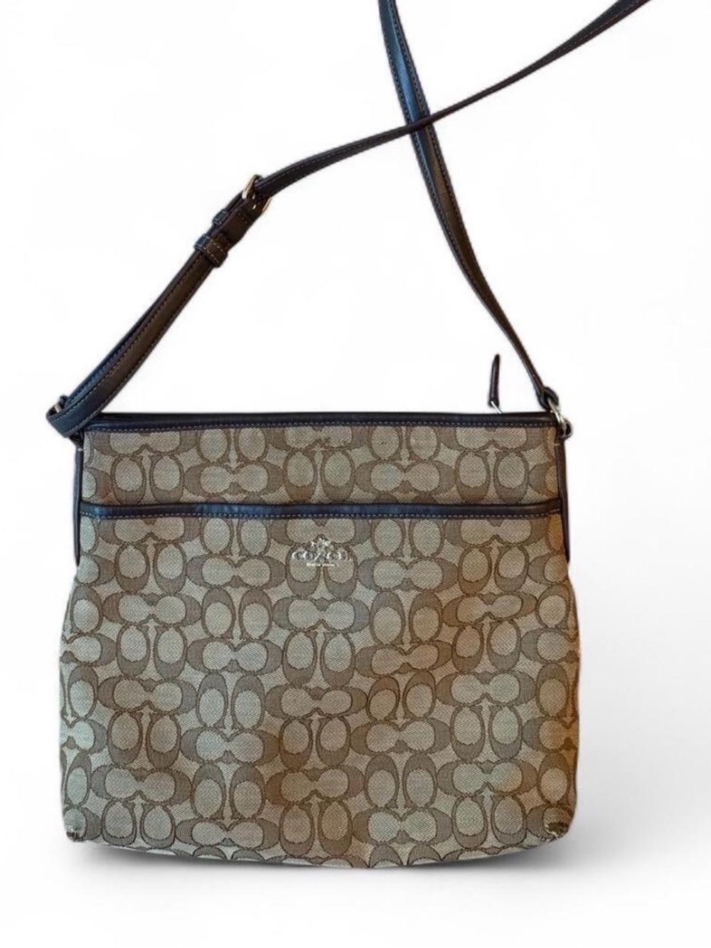 Authentic Coach Signature File Crossbody Bag - Khaki & Saddle Leather